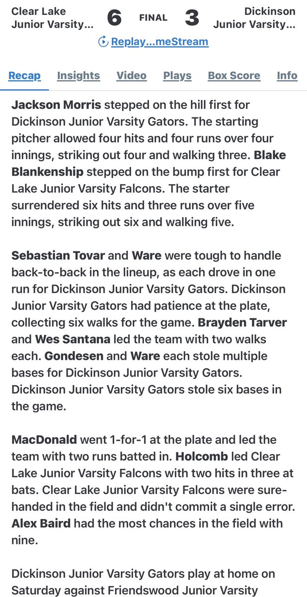 coach_tarver's tweet photo. Final from Game 1: Gators 3 - 6 Friendswood. First L of the season. ✅

But huge game for Peyton Ware & Brayden Tarver! 🔥💪🏼⚾️ Double 🧱 and two walks 🚶‍♂️🚶‍♂️! Keep pushing, Guys! 🐊💙

Now we run it back against Friendswood at 2:00 PM. Yesterday was a 7-7 tie, today we break it. Let’s even the score! ⚾️🐊

#GoGators #TXHSBaseball #Brayden @BraydenTarver7 @dhsgatorBsbl @JaxStateBB @AlabamaBSB @MikAoki03 @DickinsonFB  💪

Option 2 (Focus on the Rematch + Highlight):

Gators fall 6-3 in the first game. First loss of the year. 😤🐊

BUT. 👇

👀 Brayden was ON today — Double 💥 and 2 walks 🚶‍♂️🚶‍♂️! Keep pushing, Brayden! 💪🏼⚾️🐊

We have a rematch with Friendswood at 2:00 PM! These two teams are dead even after yesterday’s 7-7 tie. Time to get the W in Game 2. 🔥

#GoGators #RollGators 

HIT HARD #GATORPRIDE