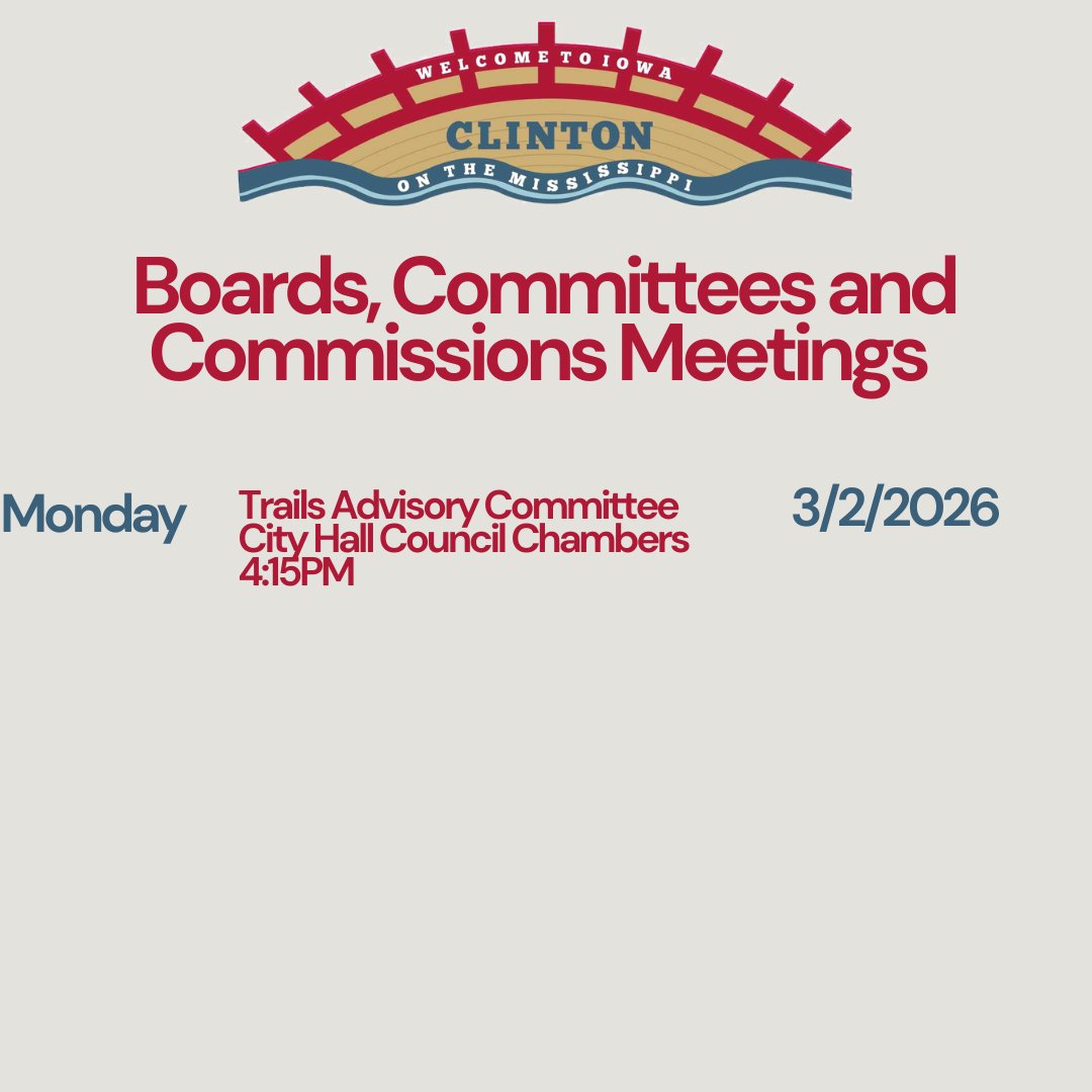 📅 Stay informed about upcoming City of Clinton meetings next week!

📄 Find agendas, minutes, and the latest updates here: ow.ly/W4Ip50VATln

🔄 Please note: For the most current information, be sure to check the website regularly.