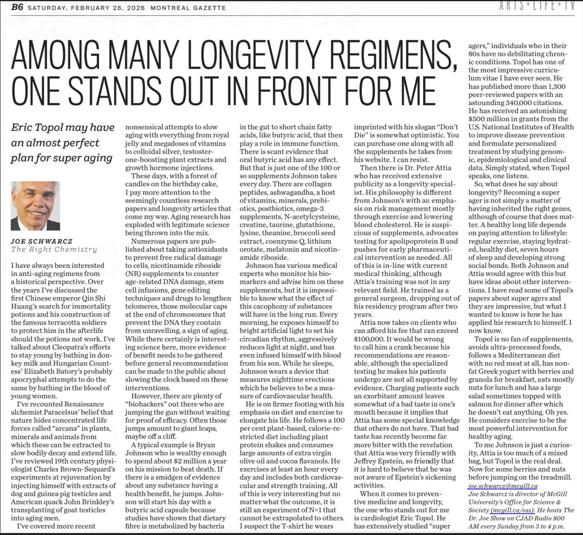 EricTopol's tweet photo. I don't know @joeschwarcz @mcgillu but very much appreciate his piece @mtlgazette today https://t.co/U0Ad90UopK
(Super Agers: it's all about extending healthspan, not longevity) https://t.co/UcboXq9A6M