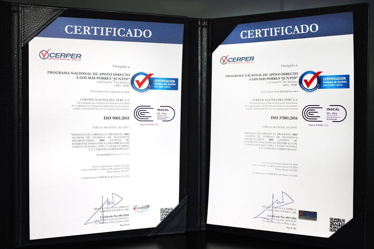 Midisjuntos's tweet photo. ¡Seguimos avanzando con transparencia y calidad! 😃El #ProgramaJuntos del @MidisPeru obtuvo las certificaciones internacionales ISO 9001:2015 e ISO 37001:2016, otorgadas por Cerper y acreditadas por @inacalperu.
#NotaDePrensa: https://t.co/HFtifFeI3R https://t.co/eV24Qjjbxu