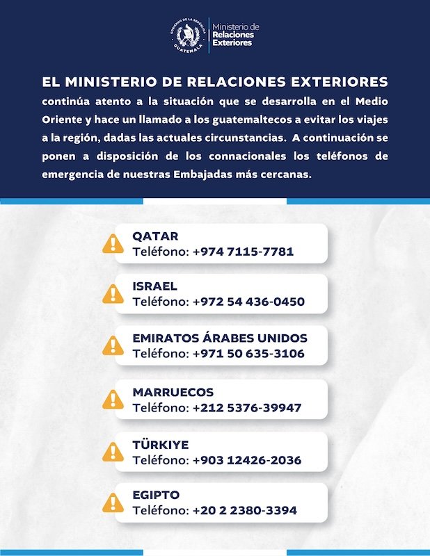 GtLiberal's tweet image. Ante la situación en el Medio Oriente. El #MINEX  hace un llamado a los guatemaltecos a evitar los viajes a la región, dadas las actuales circunstancias.  

A continuación se ponen a disposición de los connacionales los teléfonos de emergencia de las Embajadas más cercanas.