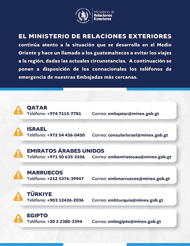 GtLiberal's tweet image. Ante la situación en el Medio Oriente. El #MINEX  hace un llamado a los guatemaltecos a evitar los viajes a la región, dadas las actuales circunstancias.  

A continuación se ponen a disposición de los connacionales los teléfonos de emergencia de las Embajadas más cercanas.