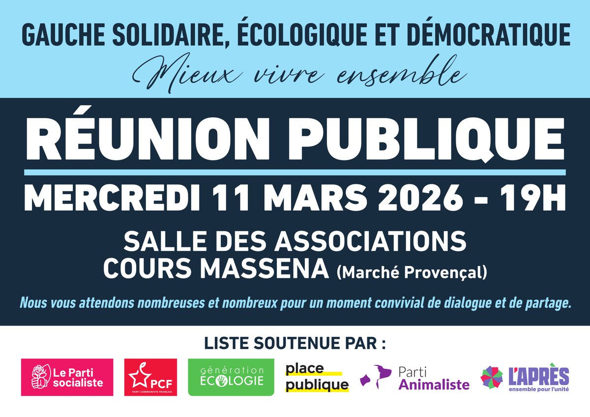 FederationPS06's tweet photo. Le mercredi 11 mars à 19h la liste « Mieux vivre ensemble », union de la Gauche solidaire, écologique et démocratique, emmenée par Michèle Muratore, organise une réunion publique salle des associations, cours Masséna à Antibes.
Venez nombreux pour partager un moment convivial. https://t.co/2aAXRTBC96