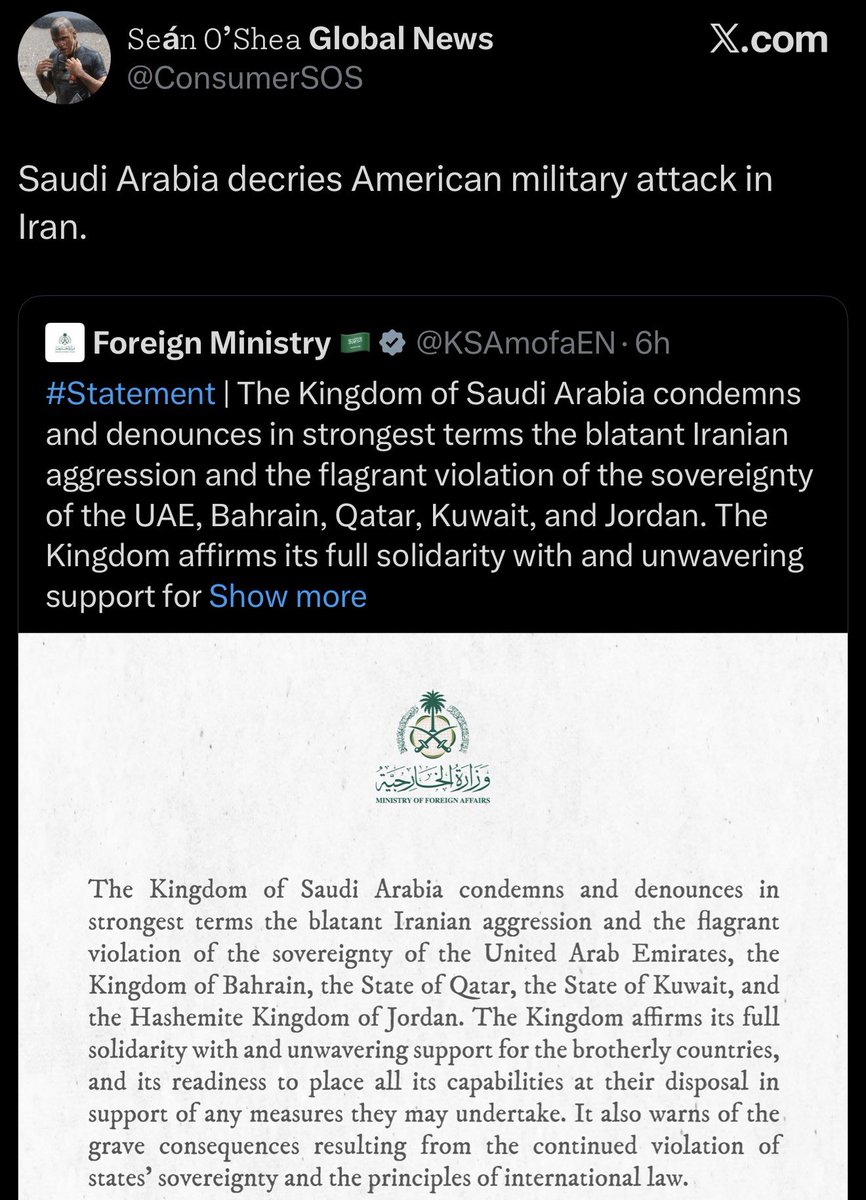 mario4thenorth's tweet image. 🤣🤣🤣

Global News TV reporter, can’t read. 

Doesn’t say America, anywhere. 

In fact, says the opposite:

Saudi Arabia decries Iranian military attack against neighbours. 😖