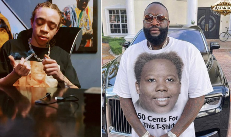 Rapper @Tip's son King Harris wears a black T-shirt with a picture of @ 50Cent's deceased mom in the video for his new diss track. Rick Ross hopped  in King's comments to ask