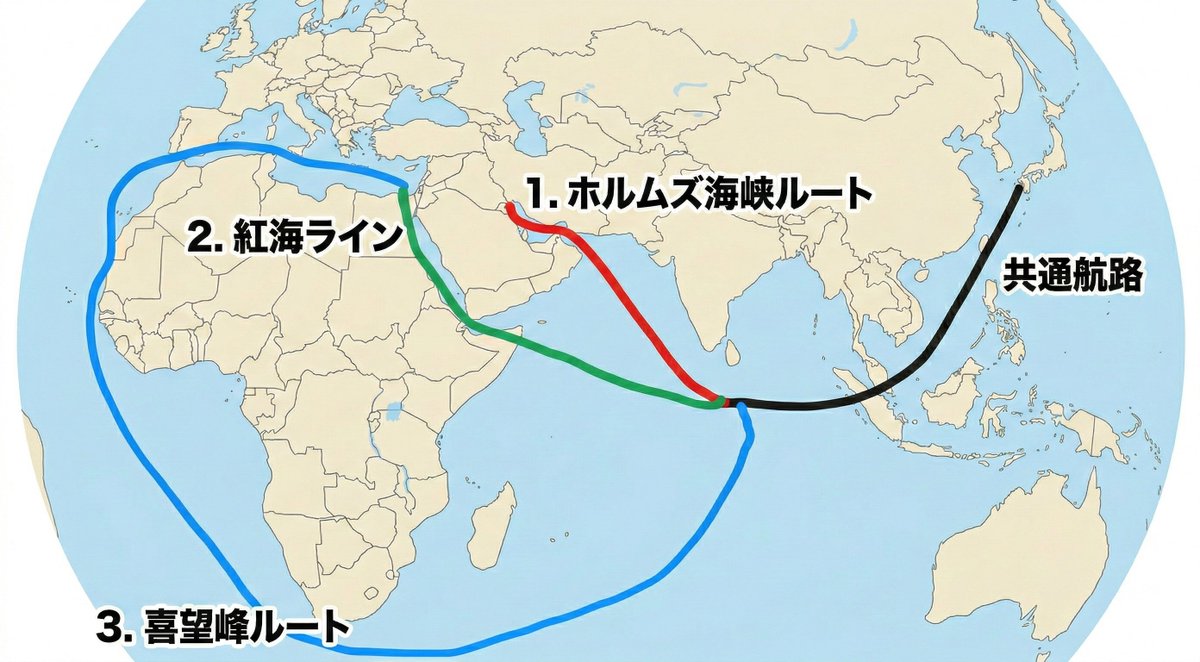 今日のお勉強した。ホルムズ海峡が封鎖されるとなんでヤバイのか。

① 赤線（ホルムズ海峡ライン）：日本の原油輸入の約9割が通過する主要ルート。最短で便利。

② 緑線（紅海ライン）：パイプラインの容量不足に加え、出口の武装組織によりホルムズ海峡より危険なルート。

③