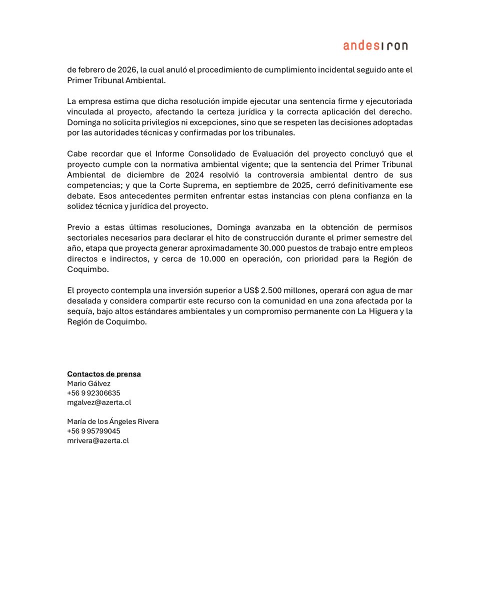 Te compartimos el comunicado de prensa sobre las acciones legales iniciadas por Dominga, con la convicción de la solidez del proyecto, la certeza de nuestros fundamentos y un compromiso profundo con La Higuera y la Región de Coquimbo.