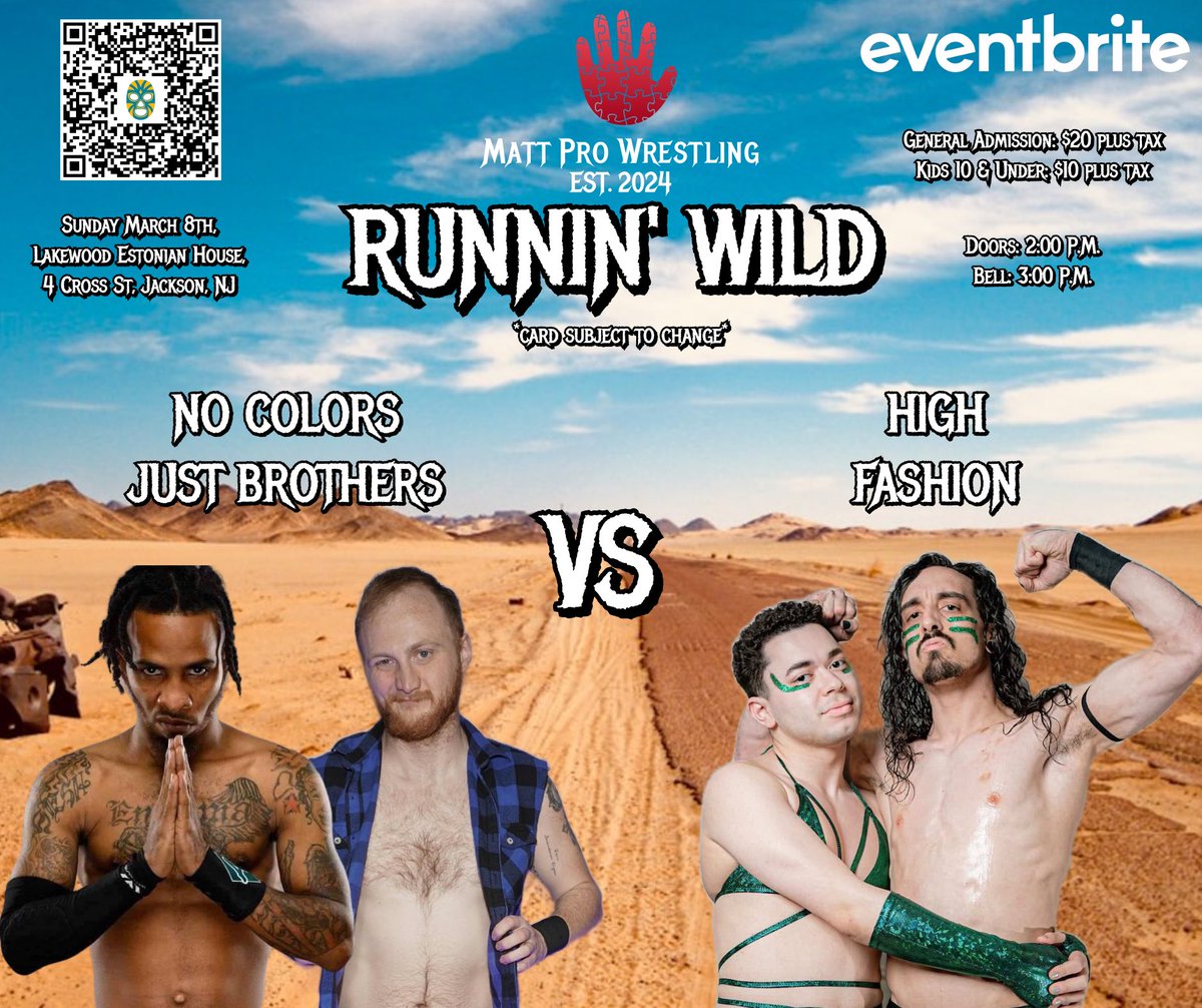 The reigning <a href="/WeR1Vibez/">WeR1 Wrestling Vibez</a> United Tag Team Champions <a href="/sebvalentinoxo/">sebastian valentino ✨</a> &amp; <a href="/marcraspajr/">“UNKILLABLE” Marc Raspa Jr</a> (High Fashion) made their presence known at Thunderstruck, and now they look to finish the job they started against No Colors Just Brothers (<a href="/DanielATG215/">#TheNextBigDeal #TheEnergy Daniel Alexander</a> &amp; <a href="/OliverMFPW/">Oliver</a>) at Runnin’ Wild.