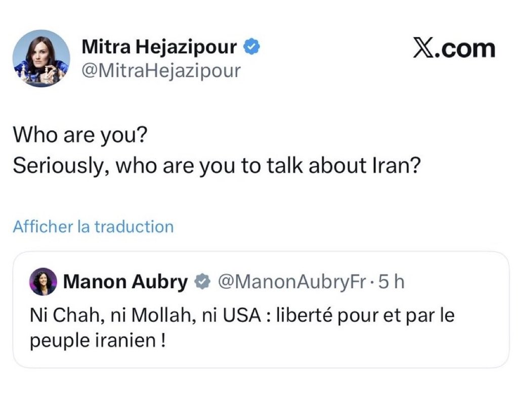 Manon Aubry qui ne peut pas s’empêcher de parler à la place des peuples concernés se fait remettre à sa place par la championne d’échec Iranienne Mitra Hejazipour.

« Qui êtes vous ?
Sérieusement, qui êtes vous pour parler de l’Iran ? »

Échec &amp; Mat.