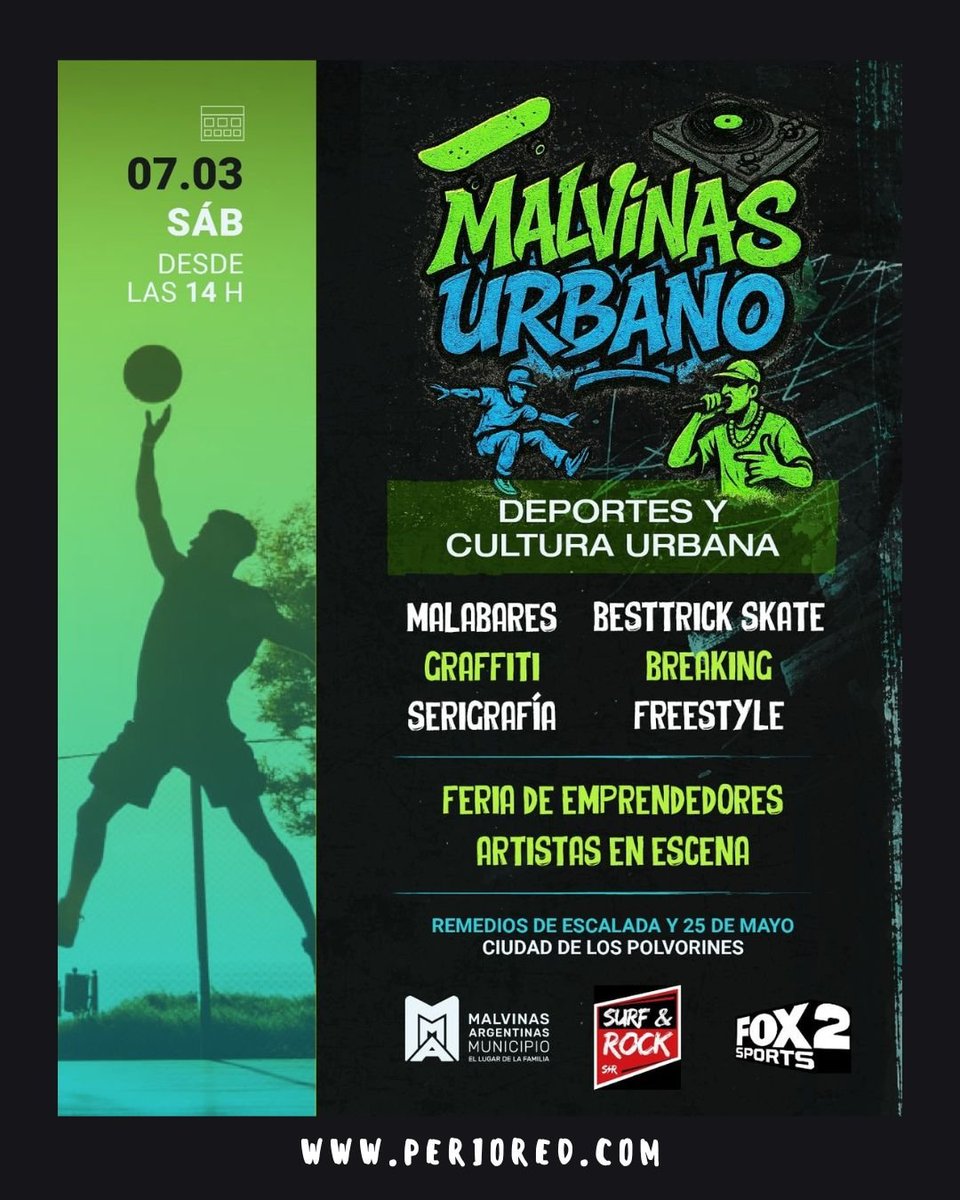 El encuentro que reúne a los deportistas y a la cultura urbana en un mismo lugar.

Freestyle, graffiti, artistas en escena, ferias y mucho más. Sumate a ser parte de la energía urbana que late en cada rincón de Malvinas.

🏀
#deportes #cultura #urbano