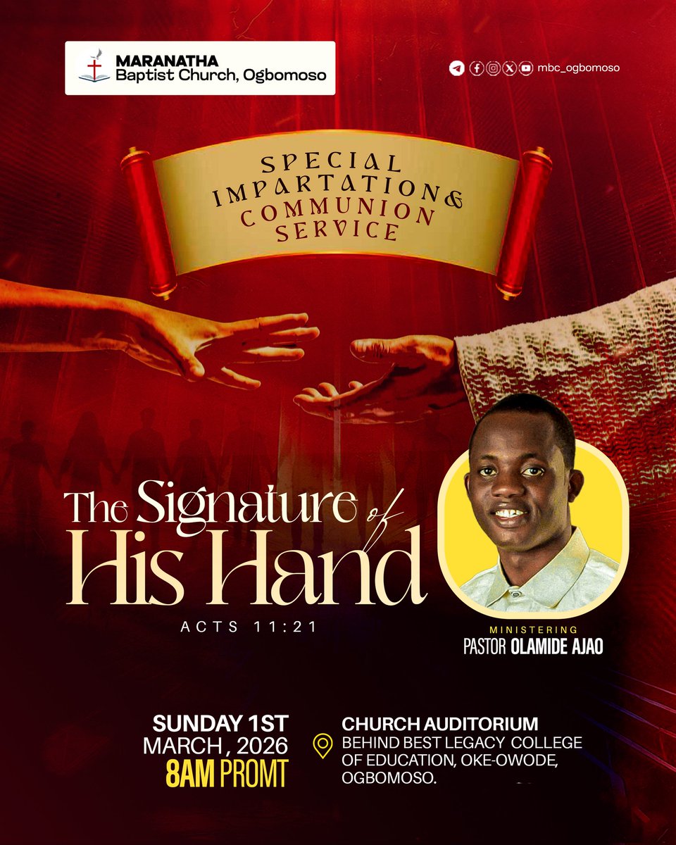We wait for the SIGNATURE of His Hands for Greater Performances this  month and for the rest of our years.

Tomorrow is a service of Impartation and Special Communion Service

Join us for a life transforming worship experience.
