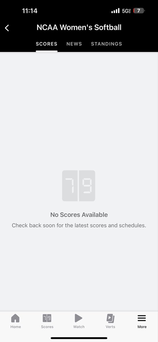Mitch12970463's tweet photo. @espn why have the softball game  schedules/results disappeared from the app? Thursday evening the schedules were there for the weekend and now there’s nothing. Both Friday and today this is what I see. https://t.co/5Swi7ZHdVQ