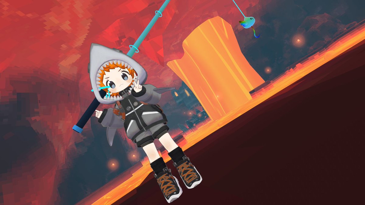 今日も #FISH 。作業ゲーは止められないのが怖い。メガロドン釣って、火山地下降りて・・・今見えてるところはおおよそやったかな？？サメの衣装がここまで活きるワールドに出会うとは改変時は思いもしなかった笑 #VRChat