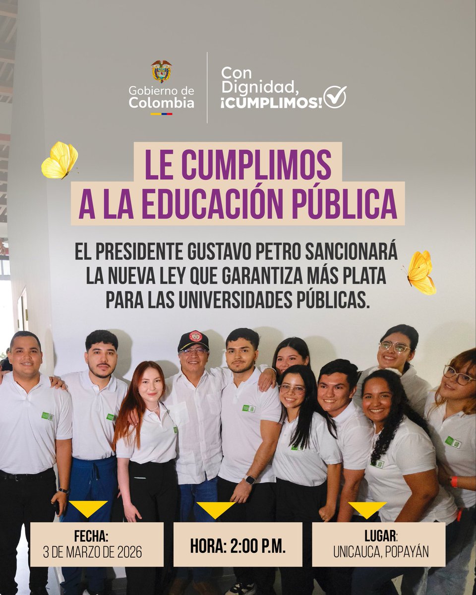 Este martes 3 de marzo, el presidente @PetroGustavo sanciona la ley que garantiza más recursos para las universidades públicas del país. El legado de este Gobierno por fortalecer la educación superior y ampliar oportunidades en todo el territorio.

🕑 2:00 p. m.
📍 <a href="/unicauca/">Universidad del Cauca</a>,