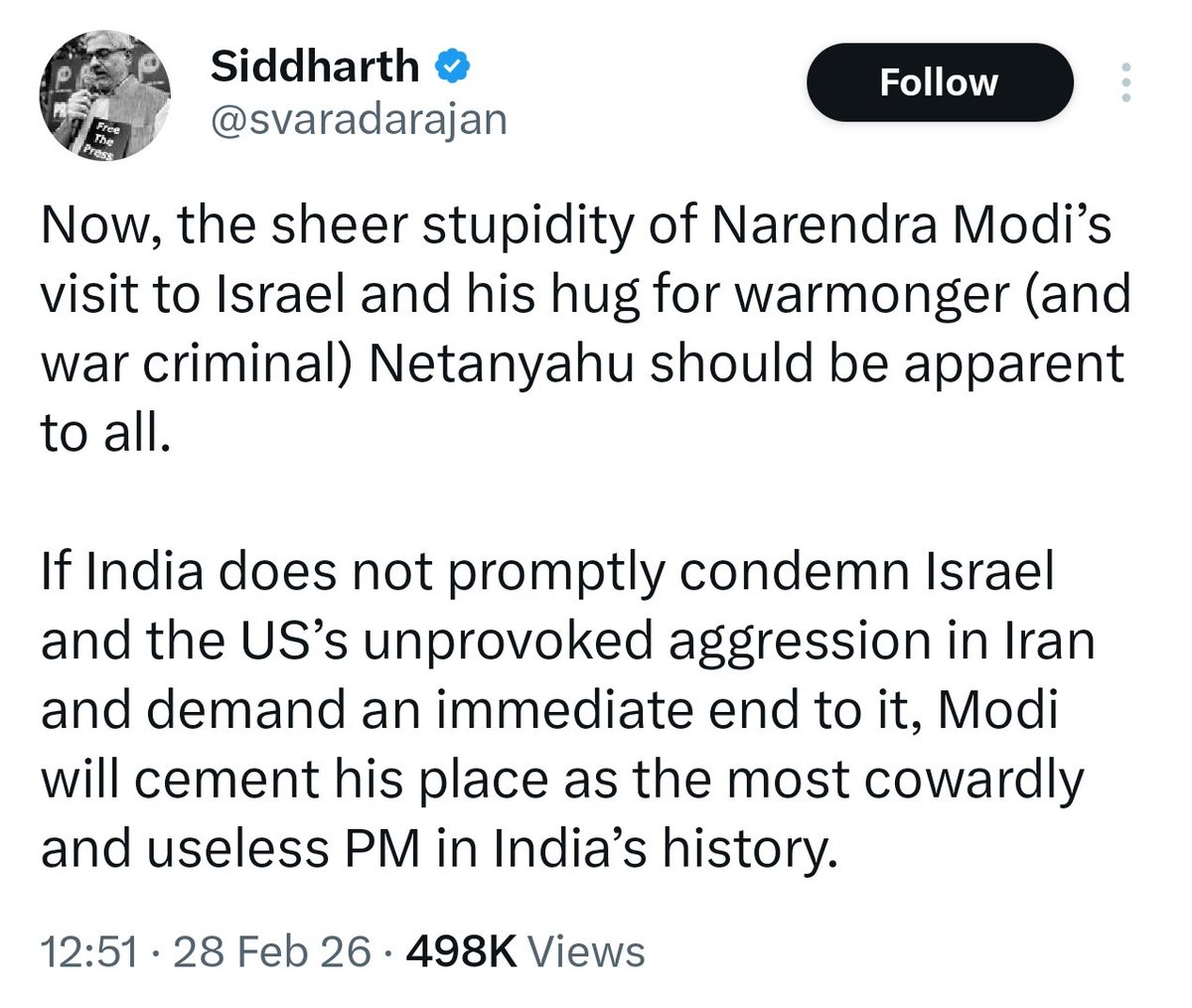 MihirkJha's tweet photo. Siddharth Francis Varadarajan, who has made a fortune by instigating Muslims in India, should immediately renounce his American citizenship in protest against the Israeli-American attack on Iran. https://t.co/nzyUeTUtpA
