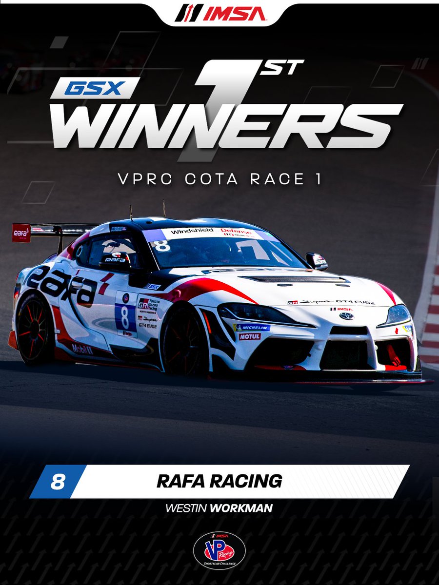 IMSA's tweet photo. Congratulations to the VP Racing SportsCar Challenge Race 1 Winners at Circuit of the Americas!

Race 2: Saturday, February 28 | 6:40PM ET
📺: Peacock, YouTube Live, IMSA. tv
📻: IMSA Radio https://t.co/Yqxd8de4dO