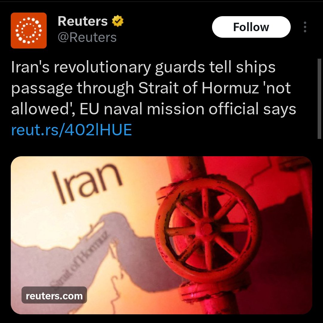 Big Update from the Middle East 😳🚨

Iran has closed the Strait of Hormuz officially. 30% of the world's oil and 80% of Asia's oil passes through this strait.

Oil prices will rise worldwide, So we've entered in #WorldWar3 ?

#TelAviv #MiddleEastConflict
#WorldWar3