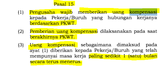 MenteriPekerja's tweet photo. asal lu tau ya uang kompensasi PKWT itu tetep bisa didapetin, walaupun di kontrak kerja bilangnya ga dapet.

Pasal 15 PP 35 tahun 2021 https://t.co/fCOwZNqC5J