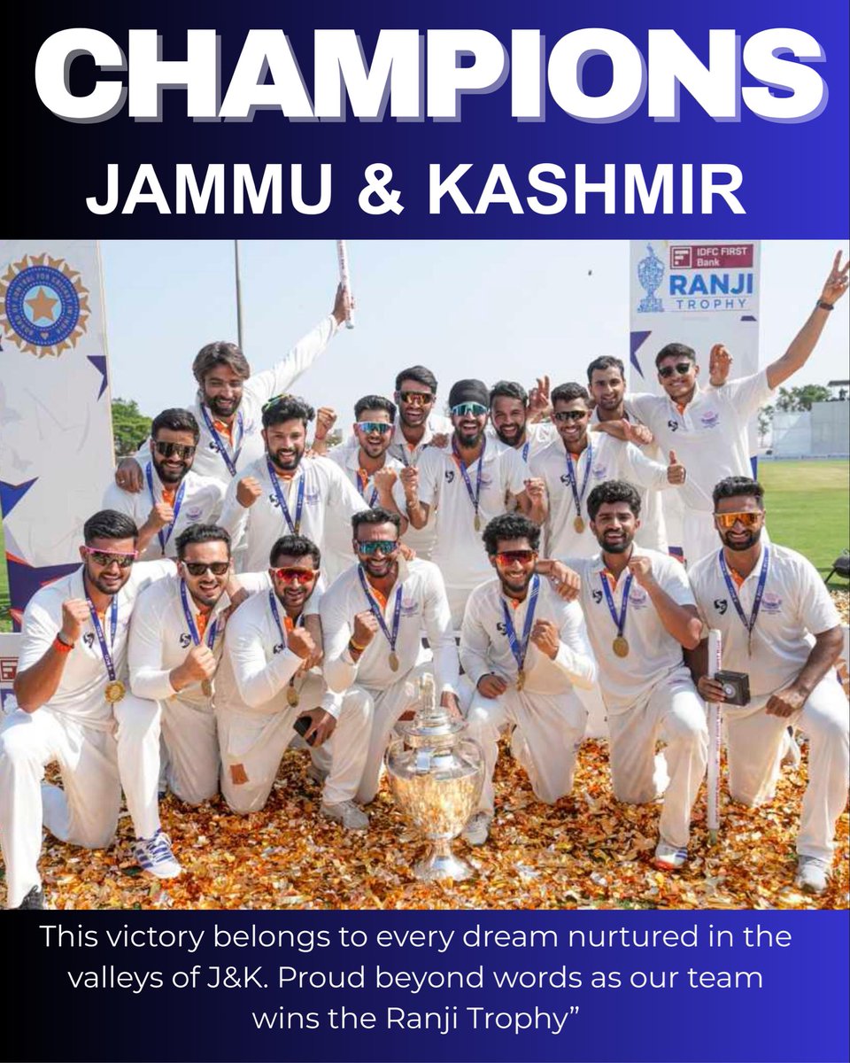 Congratulations to the Jammu &amp; Kashmir team on becoming Ranji Trophy Champions for the FIRST time in history in 2026.
J&amp;K’s first Ranji final and FIRST title…a moment etched forever in Indian cricket history.

#RanjiTrophyFinals #JammuAndKashmir #Champions