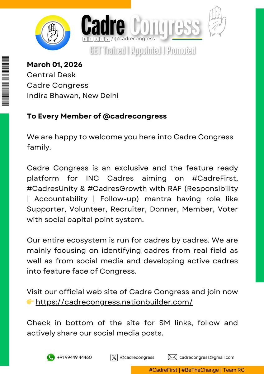 cadrecongress's tweet photo. 🚨✋ Calling every existing and fresh INC Cadres:

🔗Link: https://t.co/q2Ghnu6PDM

We are happy to welcome you here into Cadre Congress family.

Cadre Congress is an exclusive and the feature ready platform for INC Cadres aiming on #CadreFirst, #CadresUnity and #CadresGrowth with RAF (Responsibility | Accountability | Follow-up) mantra having role like Supporter, Volunteer, Recruiter, Donner, Member, Voter with social capital point system.

Our entire ecosystem is run for cadres by cadres. We are mainly focusing on identifying cadres from real field as well as from social media and developing active cadres into feature face of Congress.

— Cadre Congress
