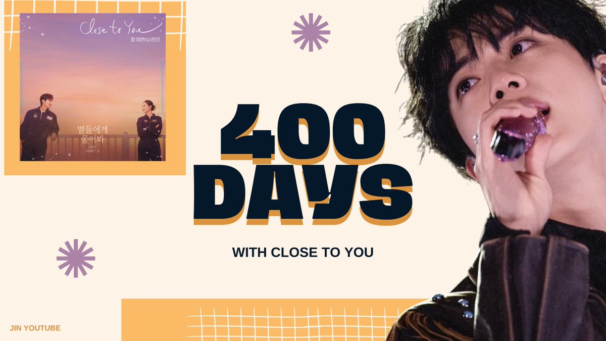 🔔| Today, we’re celebrating 400 days since the release of 𝘞𝘩𝘦𝘯 𝘵𝘩𝘦 𝘚𝘵𝘢𝘳𝘴 𝘎𝘰𝘴𝘴𝘪𝘱’s iconic main OST, ‘Close To You’ by Jin! 🎉

Retweet and reply

#400일의_시간속을_헤엄쳐_클로즈투유
#400DaysWithClosetoyou
#방탄소년단진 #JIN #진