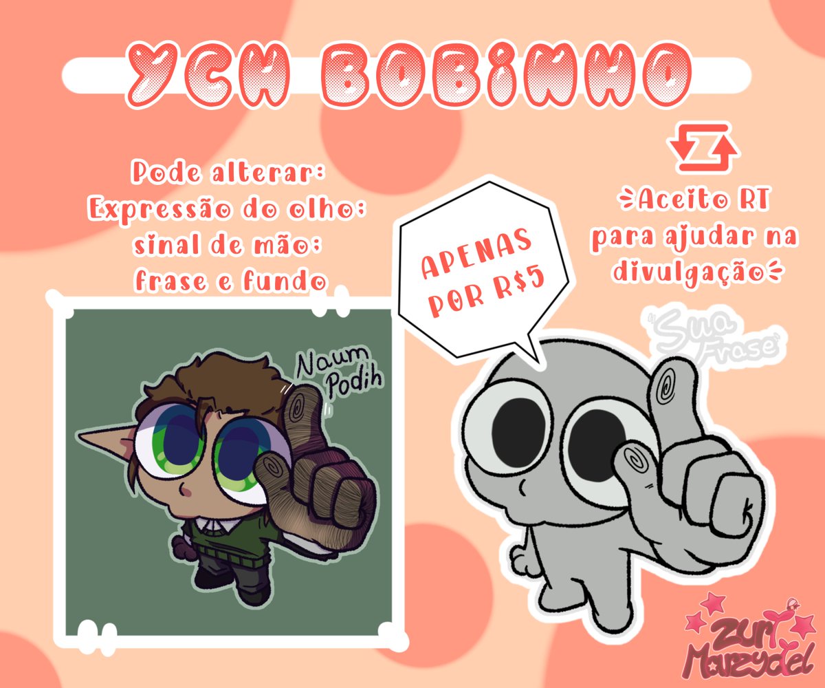✨ DESENHO BOBINHO POR APENAS 5 REAIS! ✨
Tempo limitado de YCH bobinho do seus personagens!
as alterações pode ser expressão do olho, sinal de mão e a frase ao lado! 
Mas relaxem, aceito ajuda na divulgação para alcançar outras pessoas.

Meio de contatos:
DM
zurimarzy (discord)