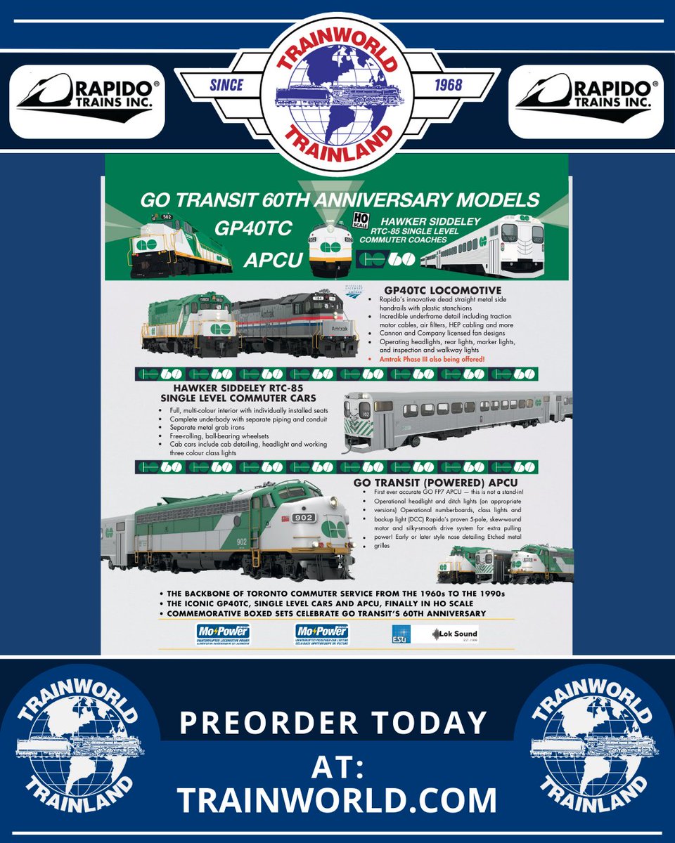 Trainworld's tweet photo. Celebrate Go Transit’s 60th with @RapidoTrains! 💚
PreOrder today at https://t.co/1RAdwL6qNr! https://t.co/Gr54POiAvs
#rapidotrains #hoscsle #gotransit #60thAnniversary #preorder #diesel #passengercar #trainworld #trainland #modeltrains #trains #modeltrain #modeltrainlayout #modeltrainhobby #railfan #toytrain #toytrains #trainset #trainsets #ridewithtrainworld