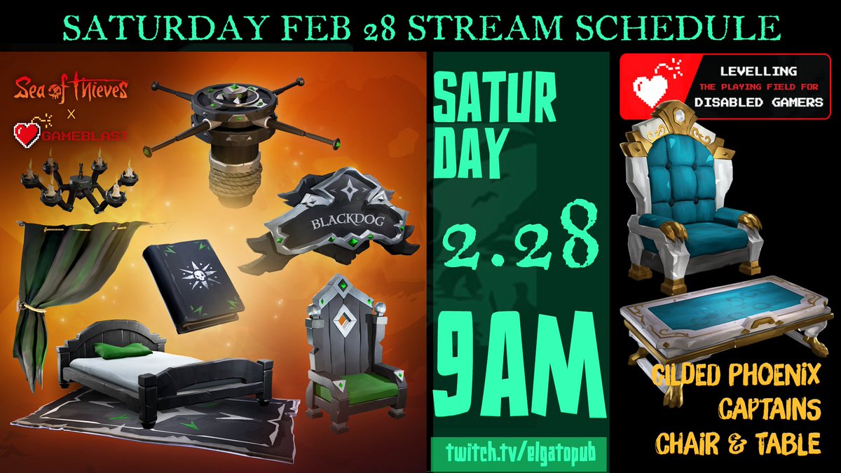Gato_Pub's tweet image. It's #GoldAndGlory weekend and #Gameblast26 sailing time!  Drop a !DONATE into chat and score all the #Obsidian goodies. #gildedphoenix sets up for grabs too!
@SeaOfThieves @GameBlast @SpecialEffect