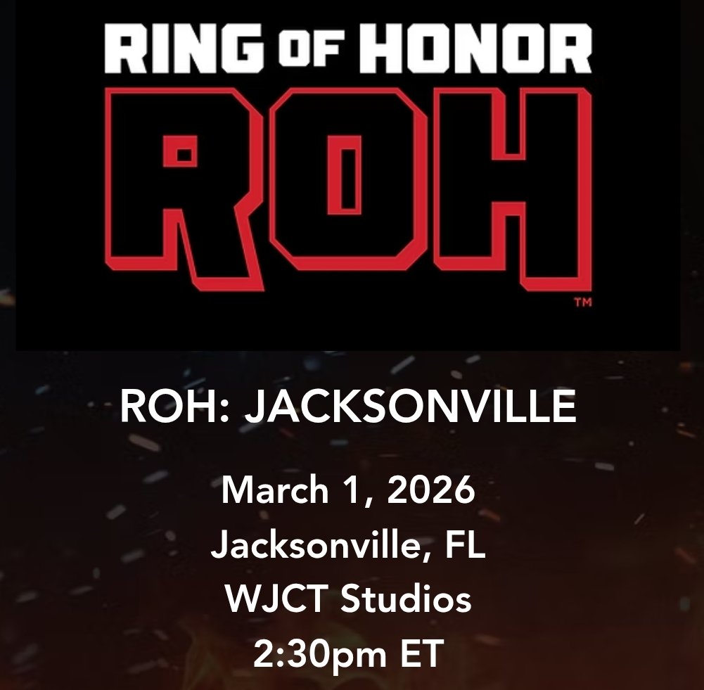 TheDrainmaker's tweet photo. WON: This Sunday’s ROH TV taping in Jacksonville at WJCT Studios is a trial with the idea if things go well, it will become the permanent site for future ROH tapings.

Tapings will be free in a small setting like the old TV studio shows that were staples all over the country in Territorial era.