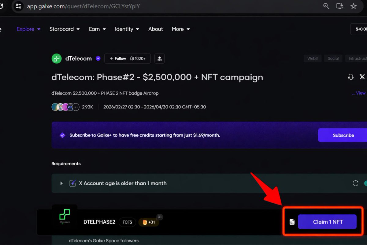 🚀 dTelecom Phase 2 is officially LIVE! ⚡️⚡️

💰 $2,500,000 Rewards Pool
🎖 Exclusive NFT Badge Airdrop (FCFS)

Complete all Galxe social tasks &amp; claim your NFT now ✅
🔗 app.galxe.com/quest/dTelecom…
Backed by giants like:
• Solana Foundation
• Google
• ElevenLabs
• peaq

Phase 1