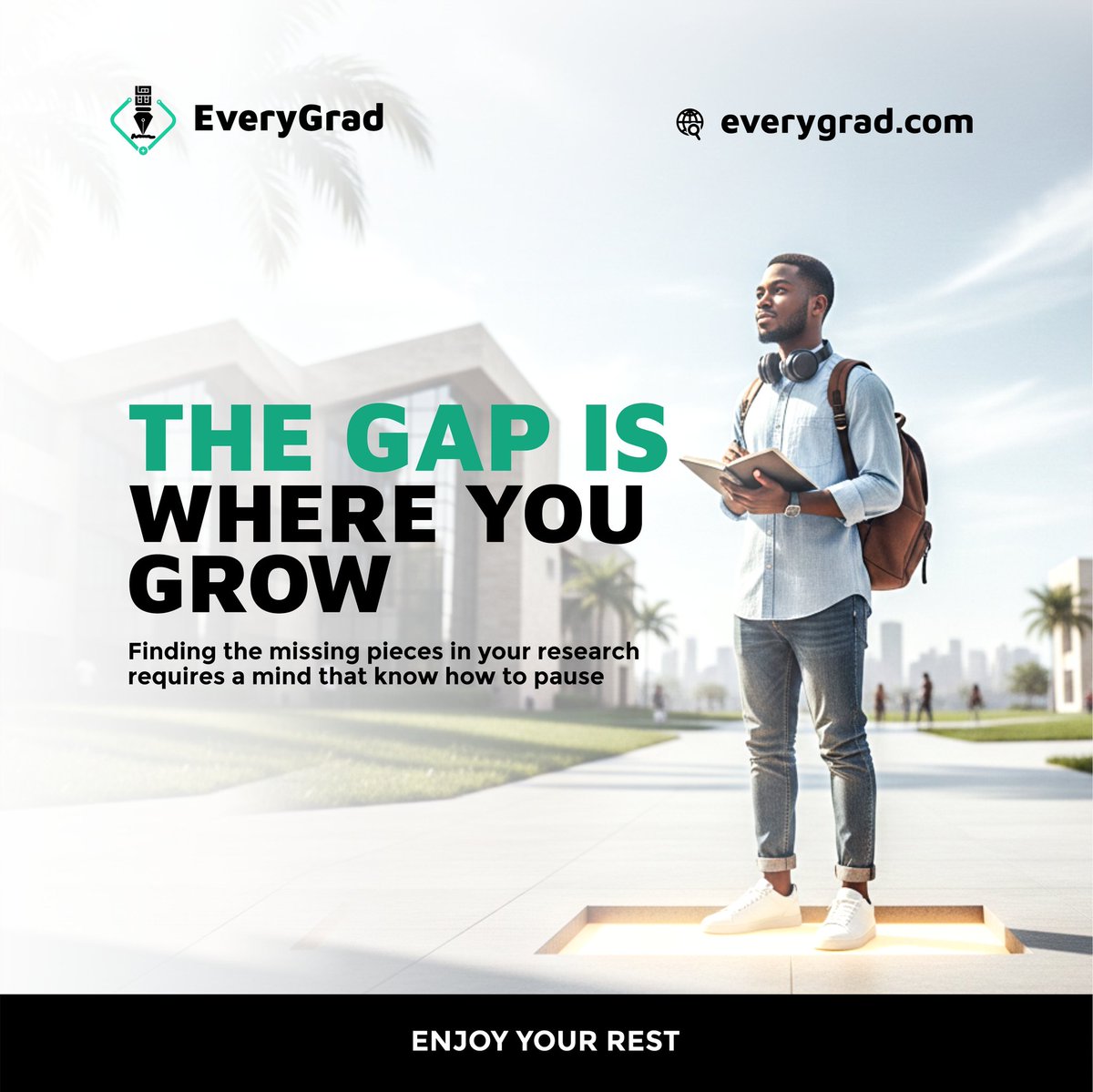 EveryGrad's tweet photo. The Gap is Where You Grow.  You’ve done the hard work of synthesis this week. 

Now, let your mind rest so your vision can stay clear. 

Wishing you a peaceful weekend! 🏛️🔋 

#EveryGrad #RestMode #AcademicExcellence #WeekendVibes https://t.co/lQWjbPWMDl