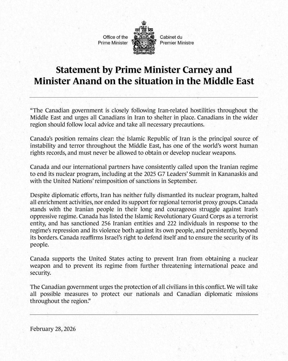 supportive statement on iran strikes from canada, stronger than president trump would have expected.