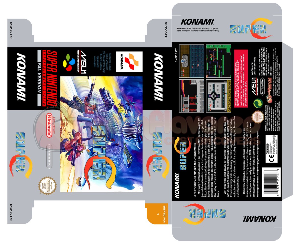peachflavor3d's tweet image. Celebrating the release of Super C's port to the #SuperNintendo by @infidelity_nes, here's a mock-up PAL box as usual!