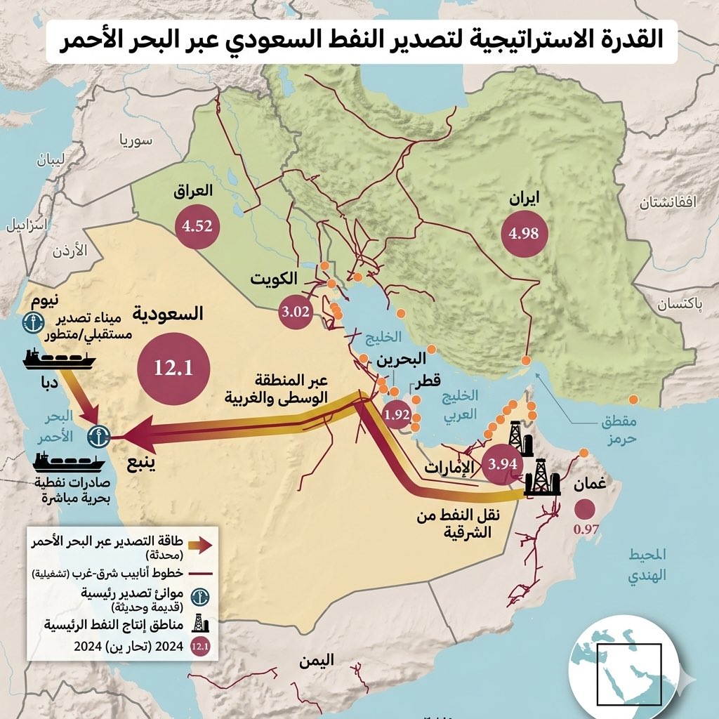 Abdullahs1111's tweet photo. صادرات النفط السعودية عبر البحر الأحمر تتواصل دون انقطاع.

ال��ين طلبت من السعودية هذا الشهر زيادة 9 ملايين برميل تحسبًا للتطورات.

التوقعات للأسعار في حال إغلاق مضيق هرمز:

• بلومبرغ : 108 دولار للبرميل
• محلل أول النفط في شركة كبلر عبر الجزيرة: 120 – 150 دولار

هل السوق سيسعّر علاوة المخاطر فورًا على سهم أرامكو…
أم أن المستثمرين ينتظرون وضوحًا أكبر؟