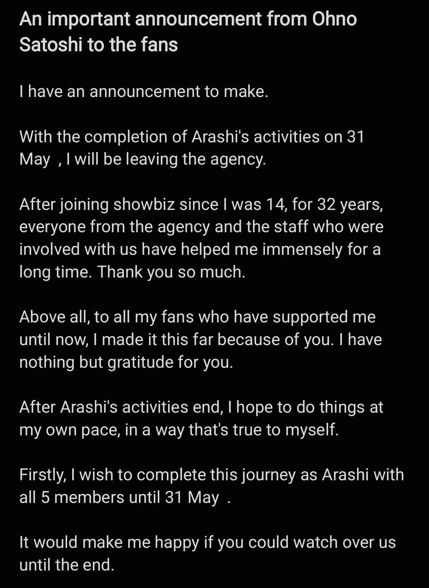 transitions0101's tweet photo. [News]

In a message to Arashi's fan club members, Ohno Satoshi will be leaving the agency as Arashi concludes its activities on 31 May 2026. https://t.co/FiXIMFNOCn