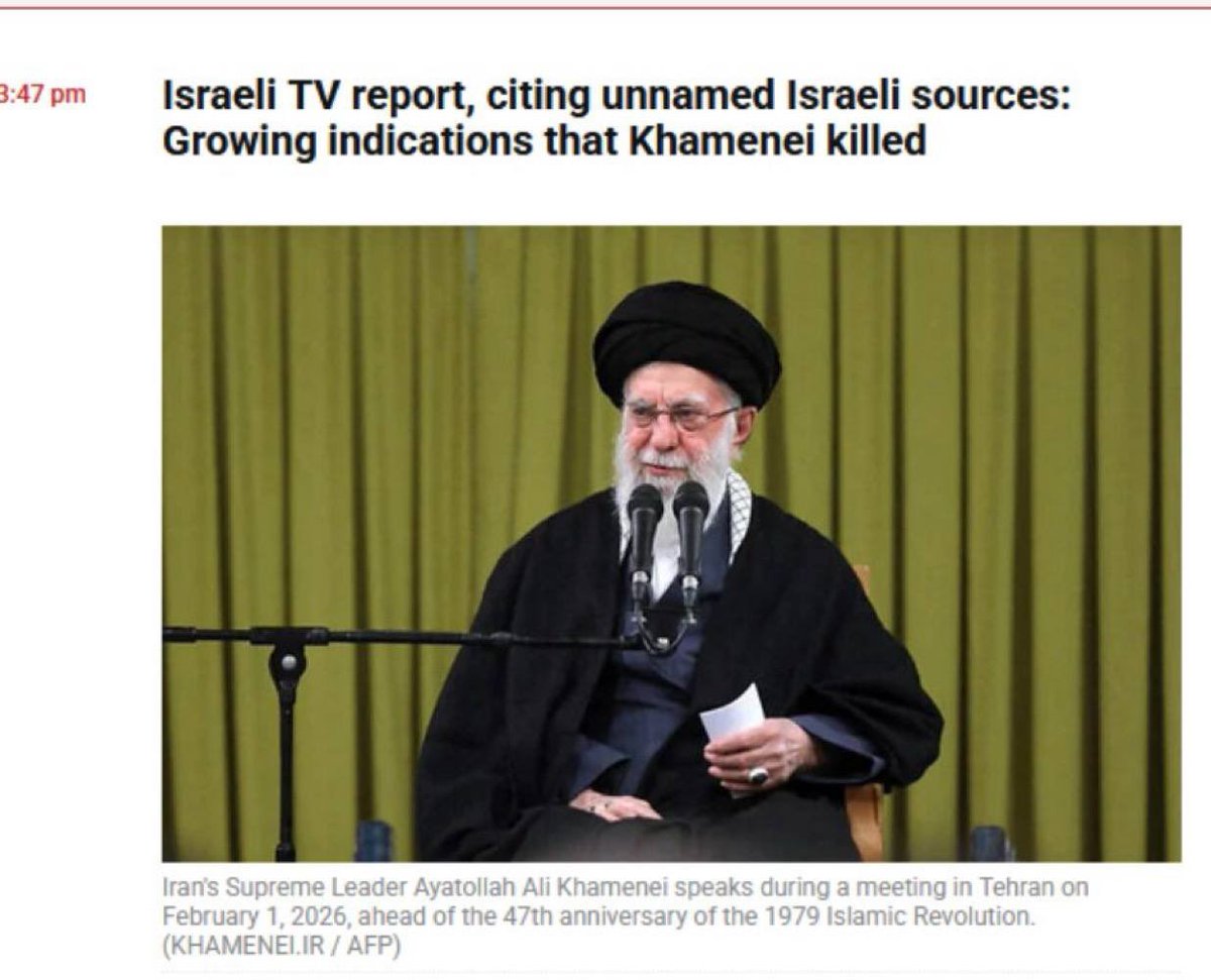 Insider Paper, [Feb 28, 2026 at 9:03 AM]
JUST IN - "Israeli TV report, citing unnamed Israeli sources: Growing indications that Khamenei killed" — Times of Israel

@insiderpaper
 t.me/insiderpaper/4…