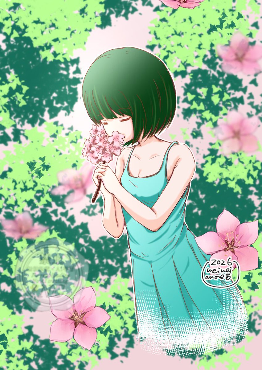 第420回「桃」「女の子らしいモノorコト」
桃の花香る少女という感じで忍さんを書きました。
背景はスタンプです。効果凝りすぎて変な感じですね。すみません。
桃の花ってどんな香りなんでしょうね。
よろしくお願いします。
#きんいろモザイク版深夜のお絵かき60分一本勝負