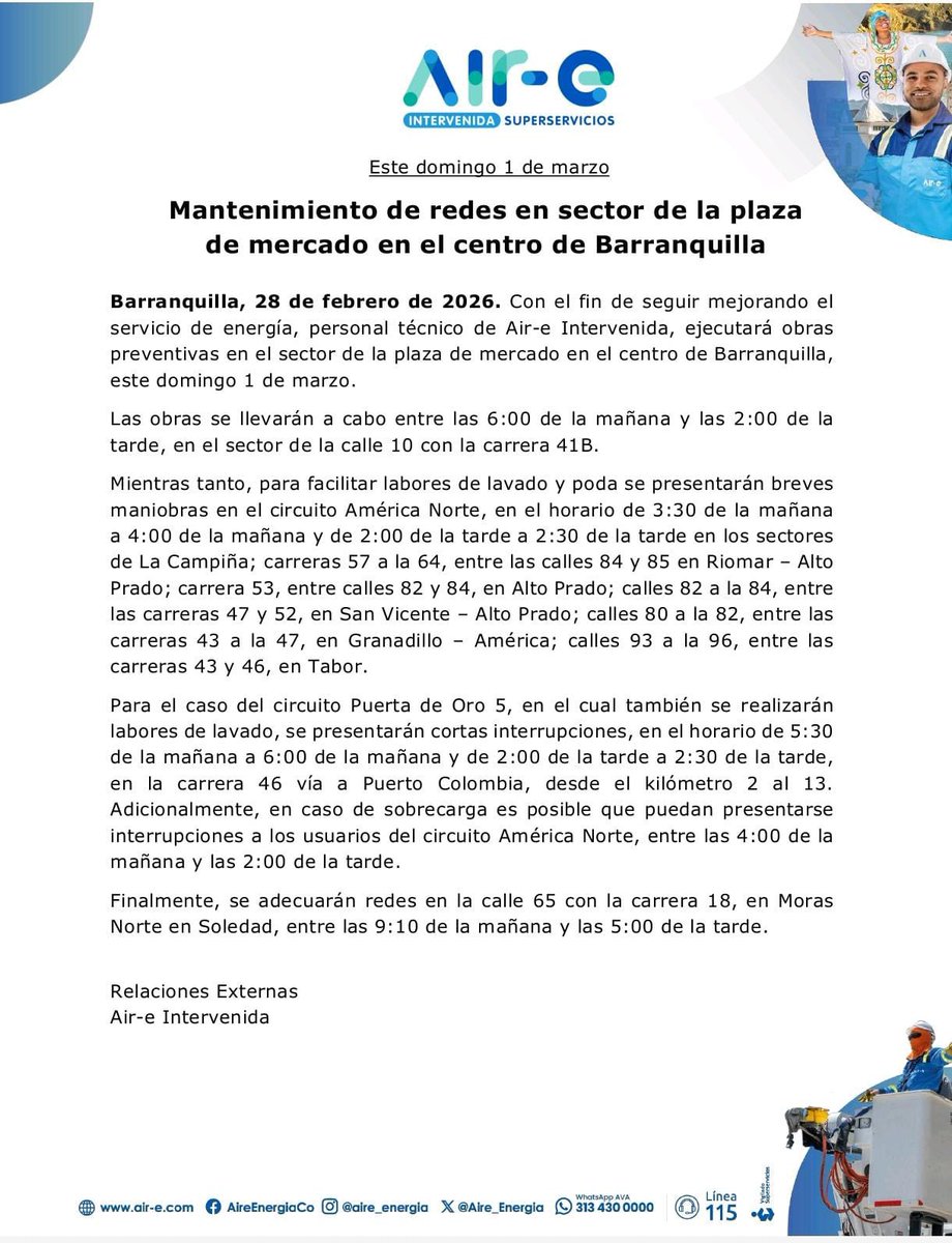 Aire_Energia's tweet image. #MejorasProgramadas en #Atlántico 🌀
Este domingo primero de marzo ejecutaremos obras para optimizar el suministro de energía a nuestros usuarios.

📍 Centro de Barranquilla (sector Plaza de Mercado) 🕕 6:00 a. m. – 2:00 p. m. 📌 Calle 10 con carrera 41B.
🔌 Circuito América