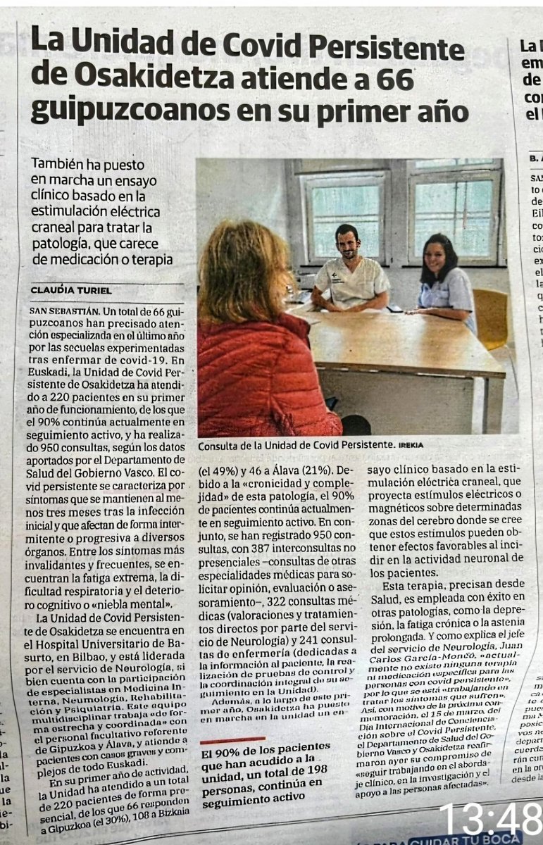 Artículo de Claudia Turiel en El Diario Vasco sobre la Unidad de Covid Persistente que cumple un año y de la que el Gobierno Vasco tanto presume y que los pacientes consideramos insuficiente para nuestras necesidades.
<a href="/OsasunEJGV/">Osasuna - Salud</a>    <a href="/osakidetzaEJGV/">Osakidetza</a>