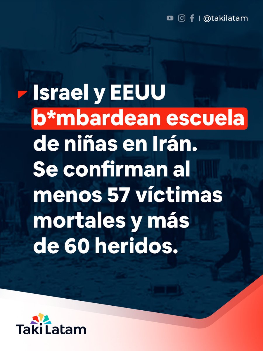 🇮🇷 M4SACRE: EEUU e Israel b*mbardean la escuela elemental Shajareh Tayyebeh, con alrededor de 170 alumnas presentes al momento del impacto.

– Hasta el momento se registran al menos 57 víctimas mortales y más de 60 heridos, pero la cifra está en desarrollo.

🆘 Reportes