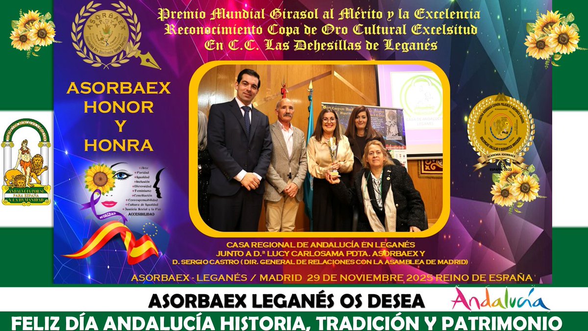 ecobiomagazine1's tweet photo. #ASORBAEX extiende su felicitación a @CasaAndalucia #Leganés y andaluces y andaluzas con motivo del Día de Andalucía. Gracias por mantener vivas las tradiciones, cultura y raíces de tan hermosa región. ¡Feliz Día Andalucía! 🌿 #CopadeOroCultural #ASORBAEX https://t.co/B78lrexHy5