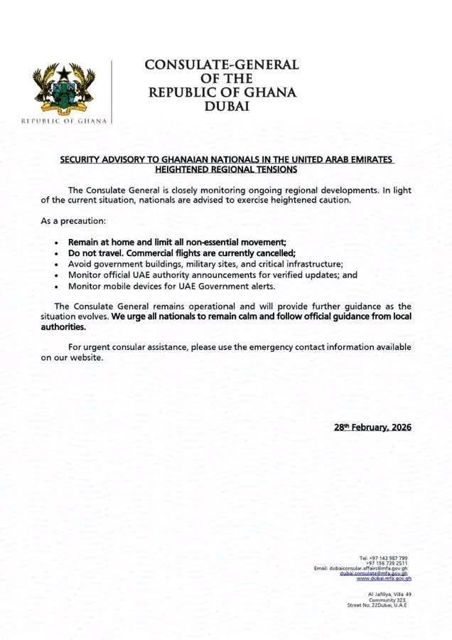 FDanyansah's tweet photo. 🚨 SECURITY ALERT 

Ghanaian nationals in Qatar 🇶🇦 and the UAE 🇦🇪 - DUBAI are urged to stay indoors and take immediate shelter until further updates, due to the rising regional tensions.

Our Prayers are with you! 🙏
@gyaigyimii
@AYMENSAH2 https://t.co/1FURk4h0TV