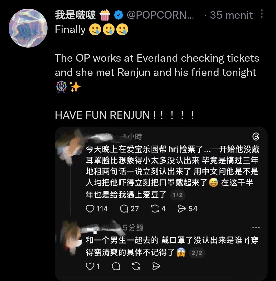 Finally ada kabar dari -renjun 😭😭😭 have fun renjun-ah 🩵💛