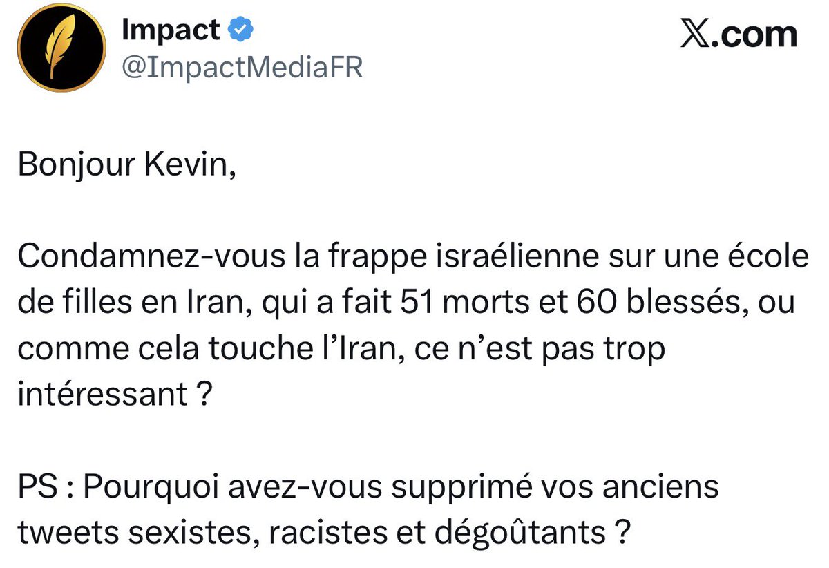 🟡 IL N’ASSUME PAS 🫵

Le chroniqueur de CNews nous a bloqués en moins d’une minute, un temps record, après notre commentaire sous son post, qu’il a immédiatement supprimé puis republié…

Monsieur <a href="/kevinbossuet/">Kevin Bossuet</a>, nous allons donc vous poser la question ici, publiquement :