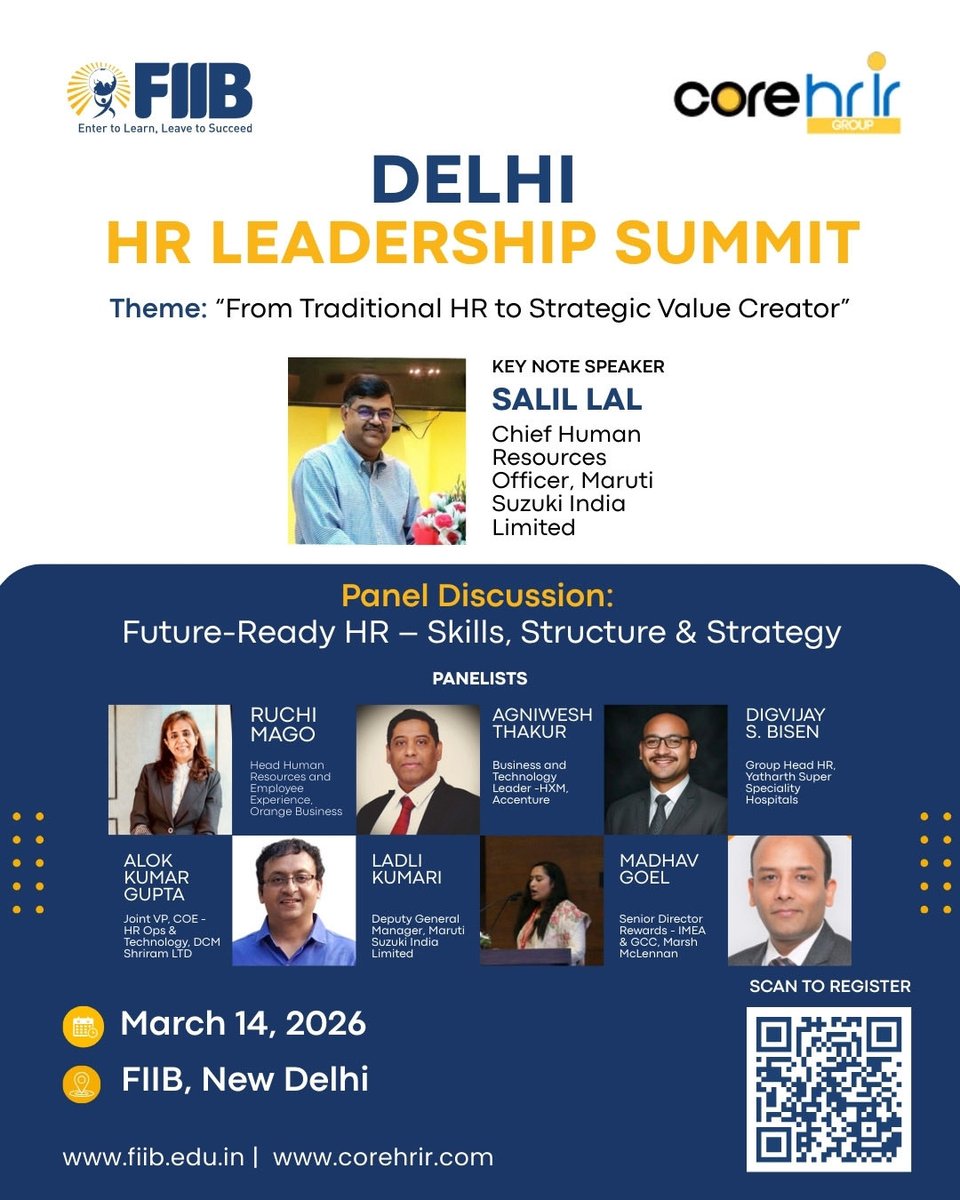 CoreHrir's tweet photo. 🚀 Delhi HR Leadership Summit 26 | Jointly with FIIB &amp; CORE HR IR

📅 14 Mar 26
🎯 From Traditional HR to Strategic Value Creator

🎤 Keynote: Salil Lal
💬 Panel: Ruchi Mago, Agniwesh Thakur &amp; leaders

🎓 HRCI Scholarship ₹1L (Min 3+ yrs HR exp)

🔗 https://t.co/5apHtstUEs

#hr https://t.co/zLIXeuaECc