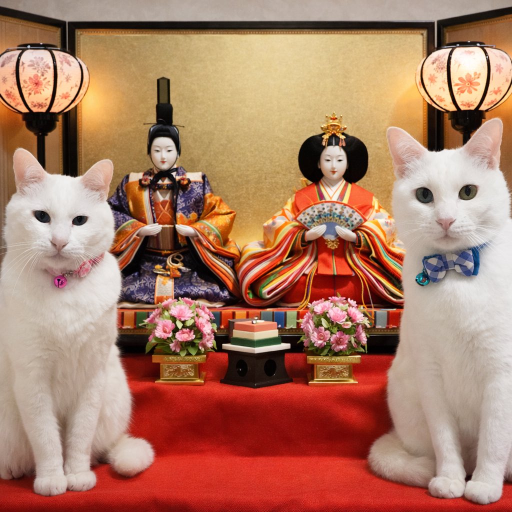 Acha_Nail's tweet photo. お雛様とお猫様🐱🎎🐱の写真
あまりにも羨ましくて文明の利器(AI)に頼りました☺️💖 https://t.co/1NjuXgG536