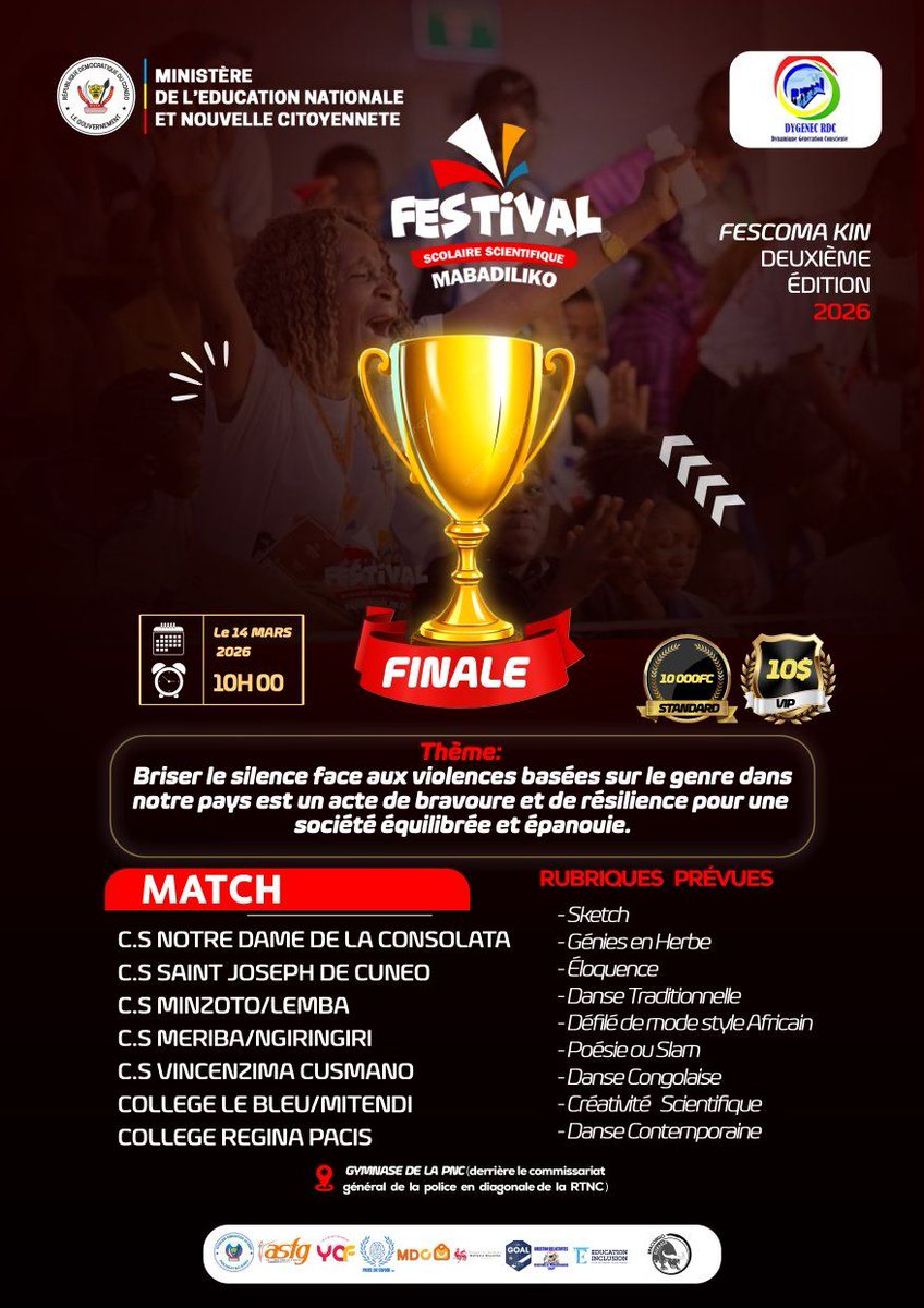 L’HISTOIRE EST EN MARCHE ! 📷
​Kinshasa, prépare-toi à l'irréel. La finale du FESCOMA KIN 2026 arrive, et elle s'annonce légendaire !
​Sept écoles. Sept armées de neurones. Un seul trône. 📷