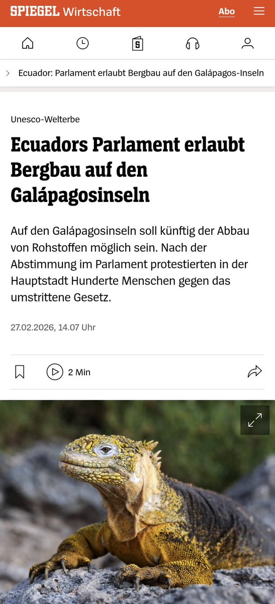 Hoy, colegas en Alemania me compartieron este artículo de "Spiegel" un diario alemán de amplia audiencia, que bajo el titular  El parlamento ecuatoriano permite la minería pétrea en las Islas Galápagos, cuenta en su país lo que el gobierno del Nuevo Ecuador impulsa con nuestros