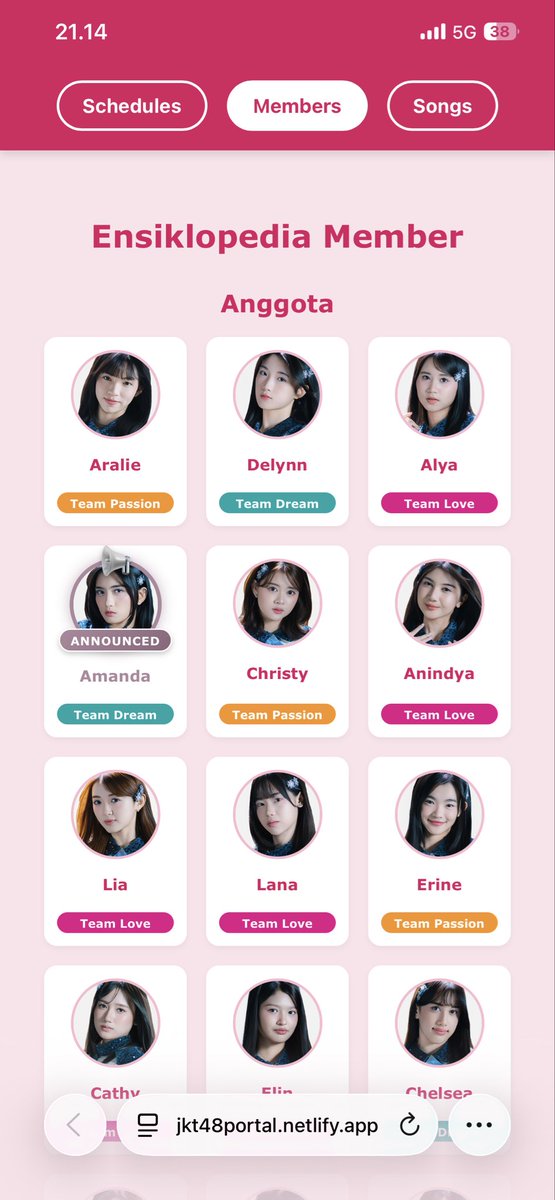 Di JKT48 Portal udah ada keterangan Team masing-masing.

🧡Passion
💚Dream
🩷Love