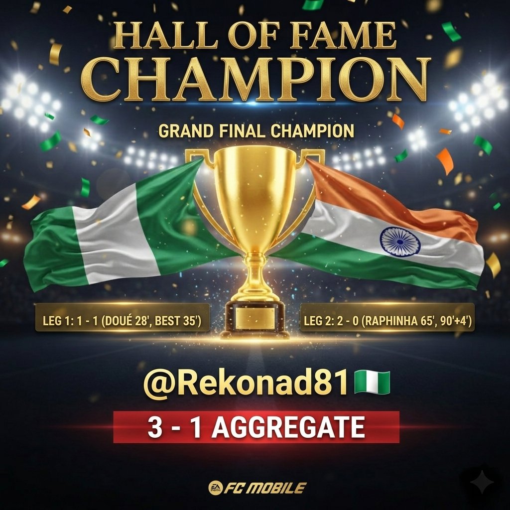 🏆 WE HAVE A CHAMPION! 🏆
​After an incredible display of skill, nerves of steel, and clinical finishing, the dust has settled on the Grand Final.
​Huge congratulations to our winner:
🥇 <a href="/Rekonad81/">Rekonad</a> 🇳🇬 👑
​He takes the title with a 3-1 aggregate victory! 👏⚽